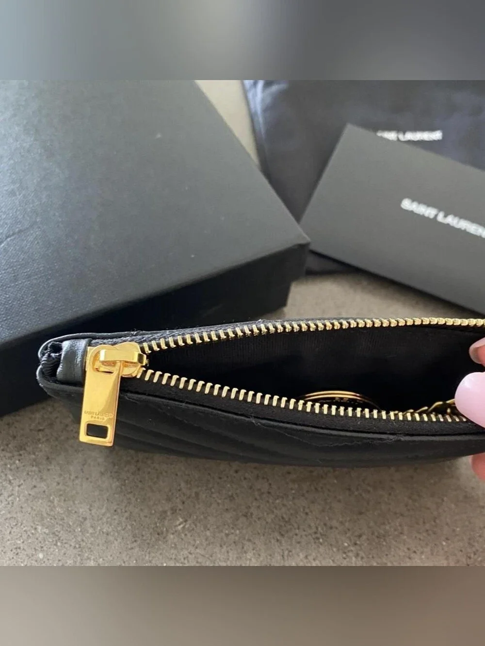Saint Laurent Cassandre Quilted Black Key Pouch with Gold Hardware